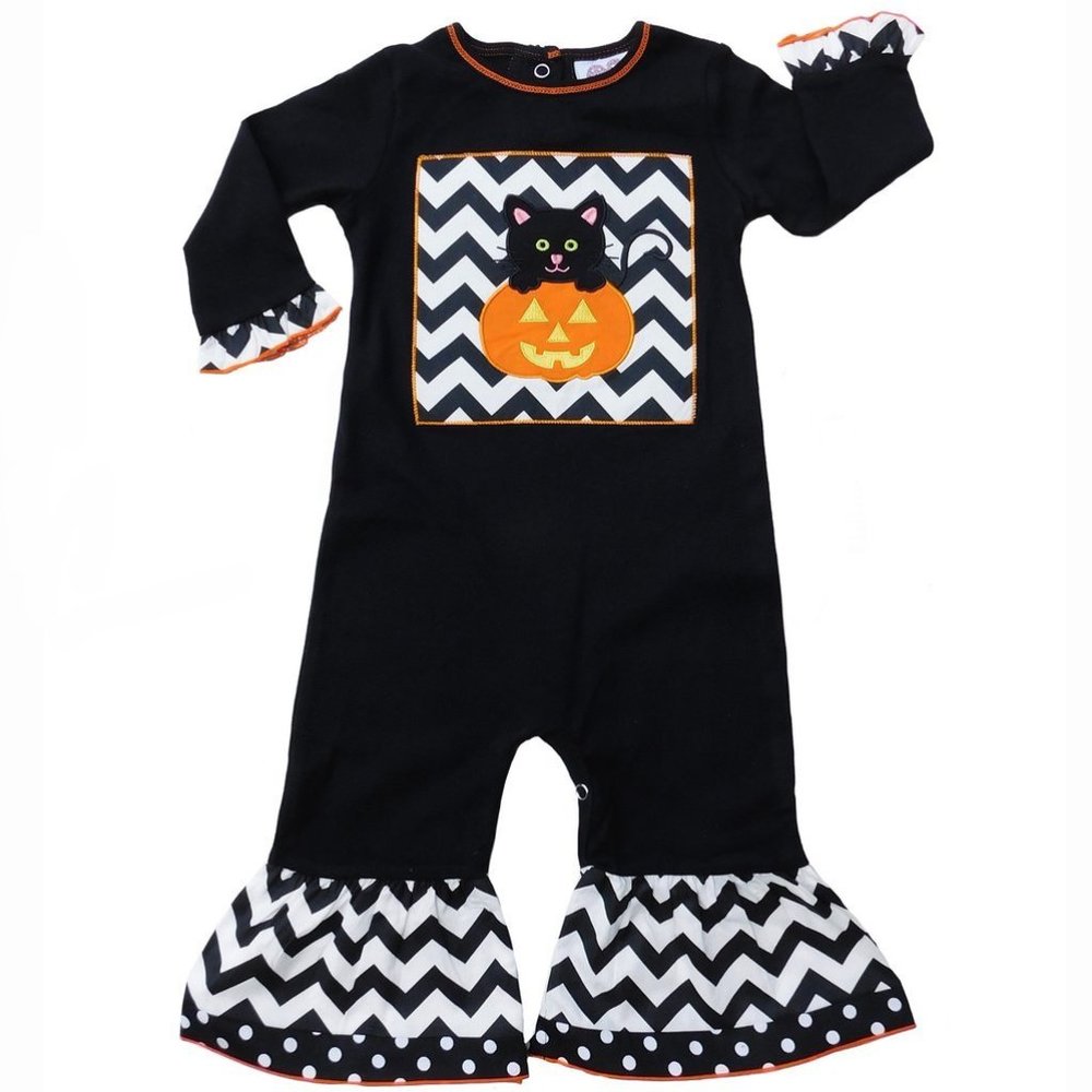Black & White Halloween Kitten Pumpkin Holiday Romper